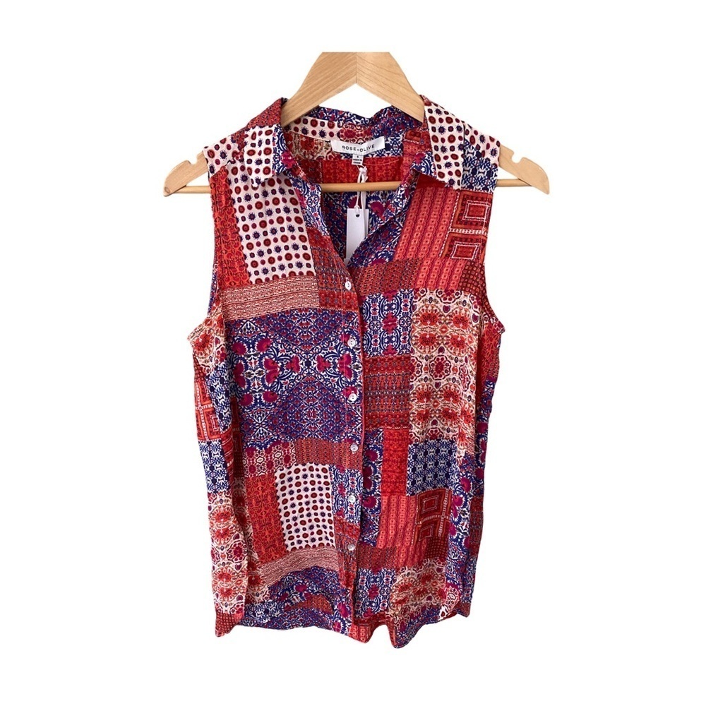 Rose & Olive Patchwork Boho Cottagecore Sleeveless Button Down Top NWT Size S